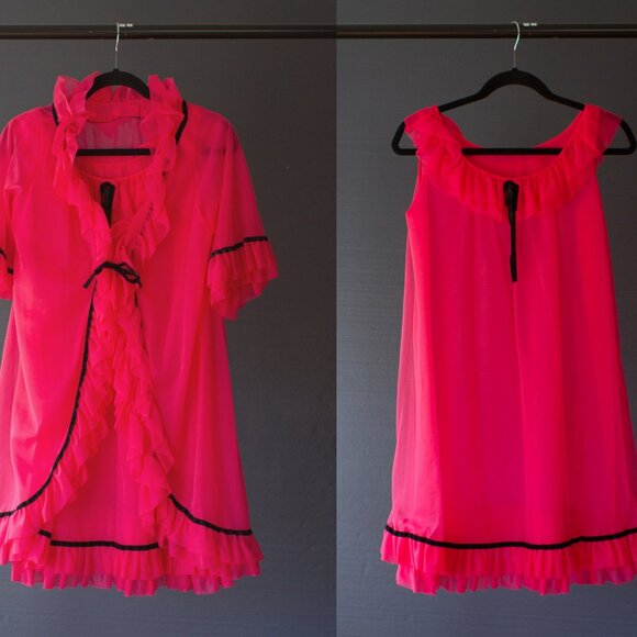Vtg 60s 70s Baby Doll Pinup Boudoir Lingerie Set Women's Drag Hot Pink A line - Picture 1 of 4